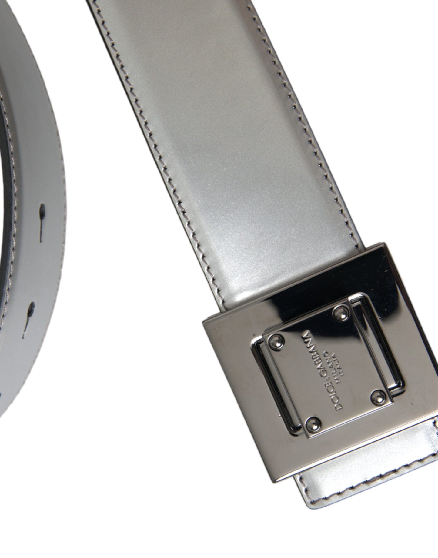 Dolce & Gabbana Silver Leather Square Metal Buckle Belt