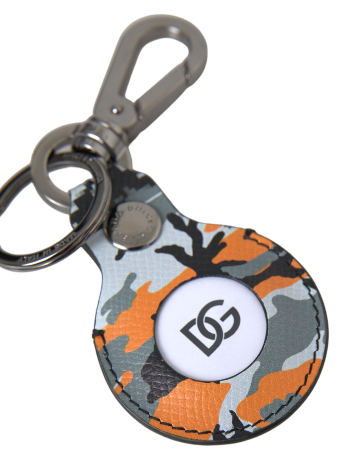 Dolce & Gabbana Camouflage Leather DG Logo Round Metal Keyring Keychain