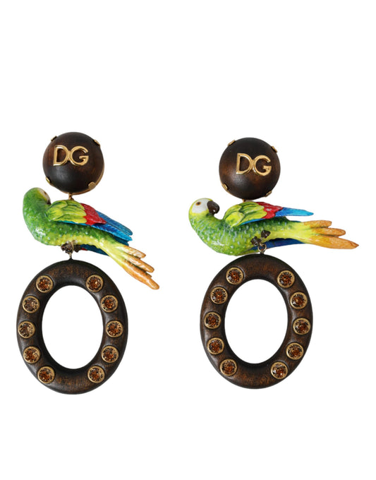 Dolce & Gabbana Multicolor Parrot Wood Brass Crystal Embellished Earrings Womens Earrings
