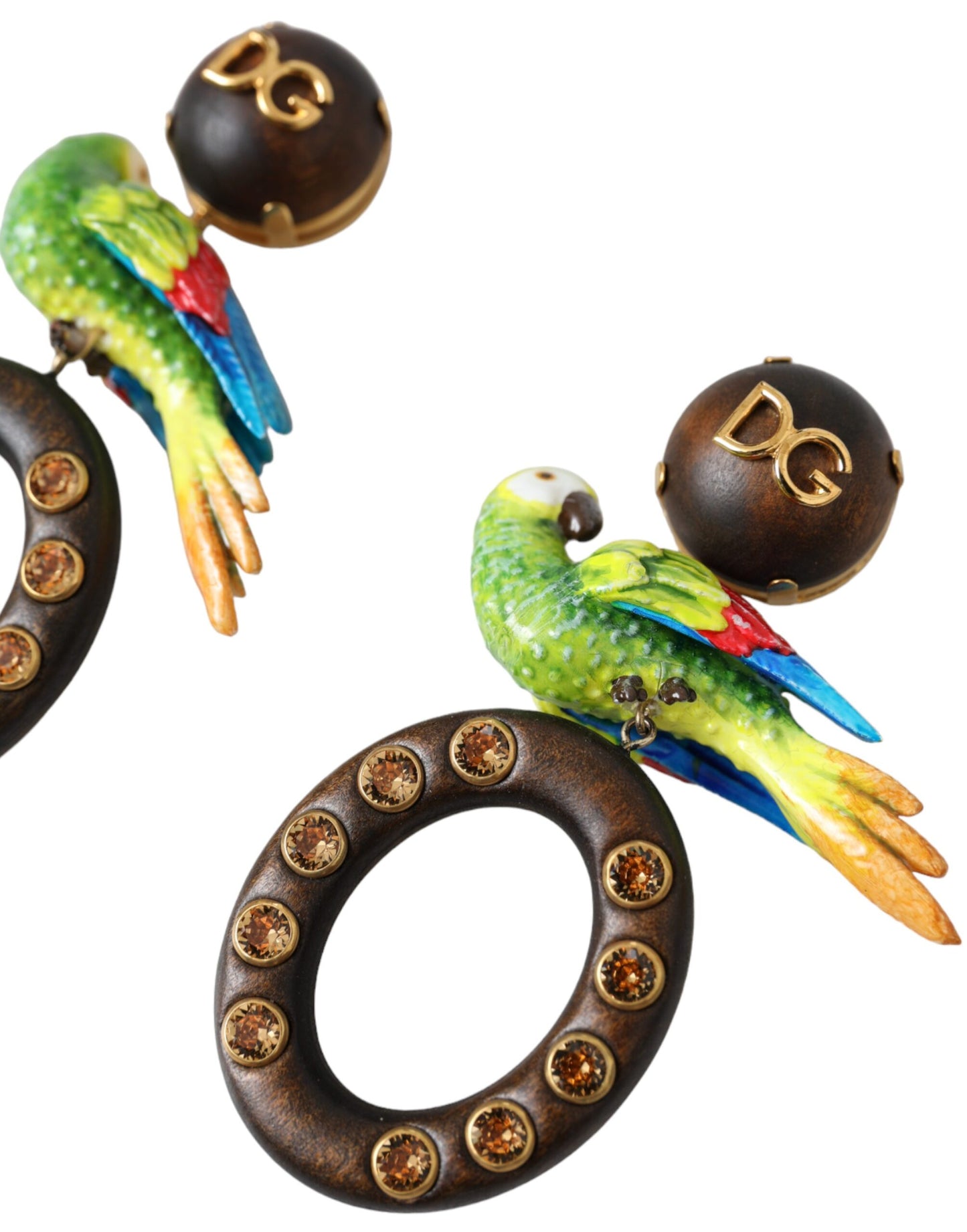 Dolce & Gabbana Multicolor Parrot Wood Brass Crystal Embellished Earrings Womens Earrings