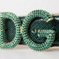 Dolce & Gabbana Green Iguana Leather DG Crystal Gold Buckle Belt