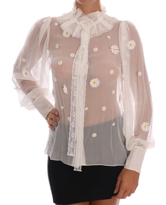 Dolce & Gabbana Elegant White Silk Daisy Blouse