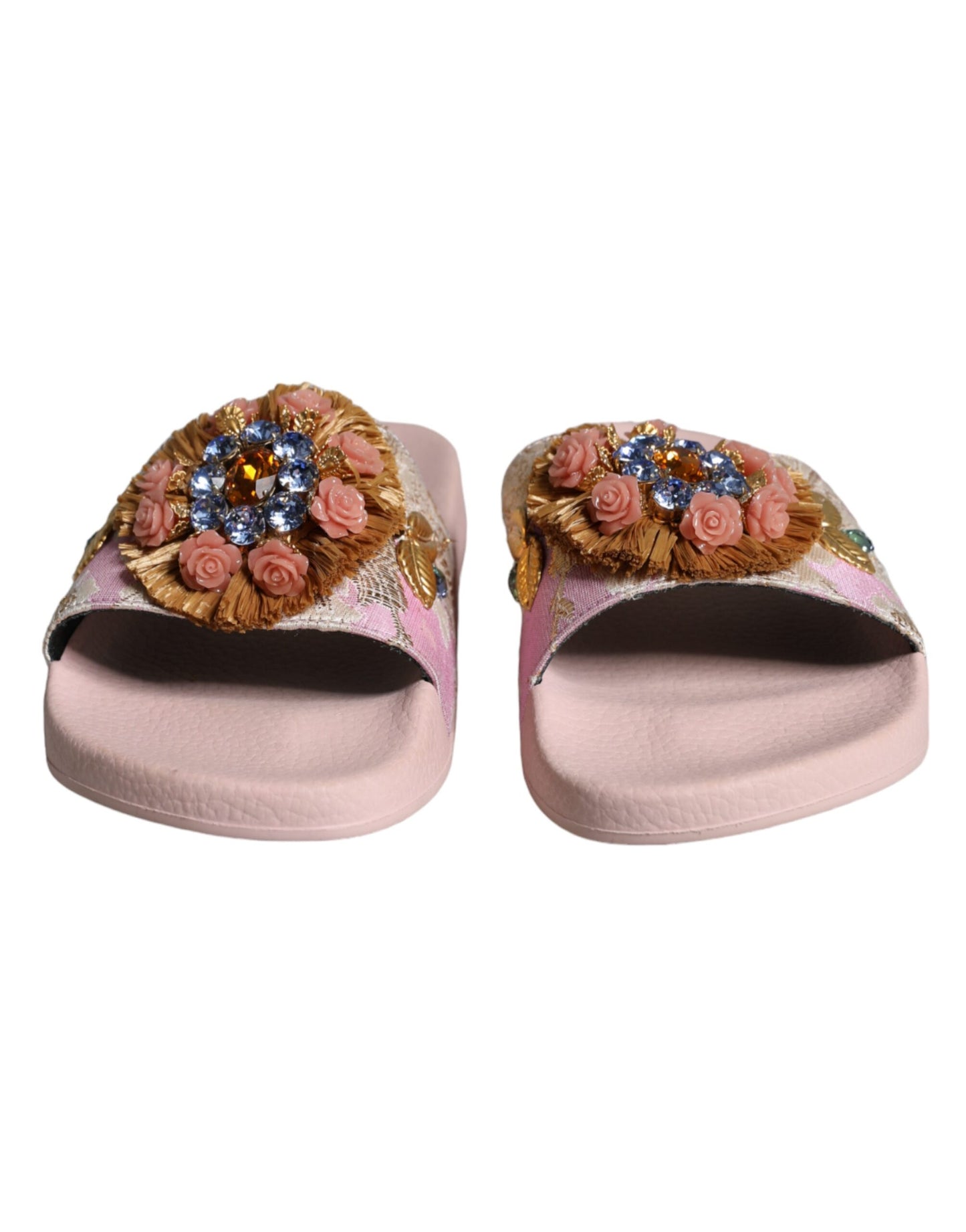 Dolce & Gabbana Pink Brocade Crystal Sandals Slides Beachwear Shoes