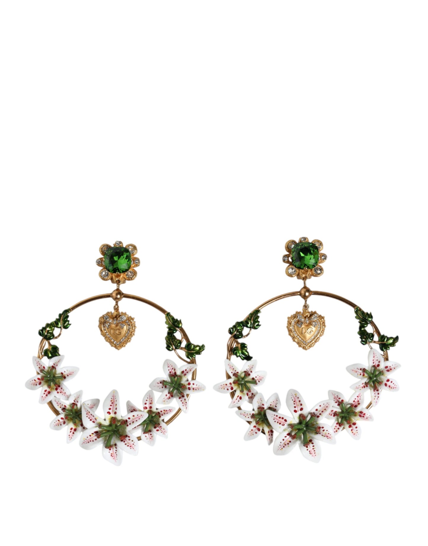 Dolce & Gabbana Gold Tone Brass Crystals Lily Resin Devotion Earrings