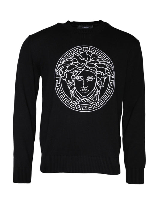 Versace Black Medusa Embroidery Crew Neck Pullover Sweater