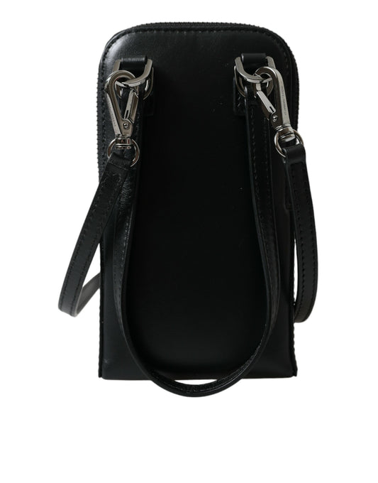 Dolce & Gabbana Black Leather Zip Around Logo Print Lanyard Strap Wallet