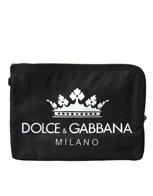 Dolce & Gabbana Elegant Black Nylon Clutch with Crown Print