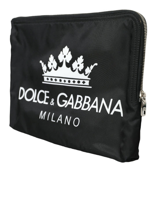 Dolce & Gabbana Elegant Black Nylon Clutch with Crown Print
