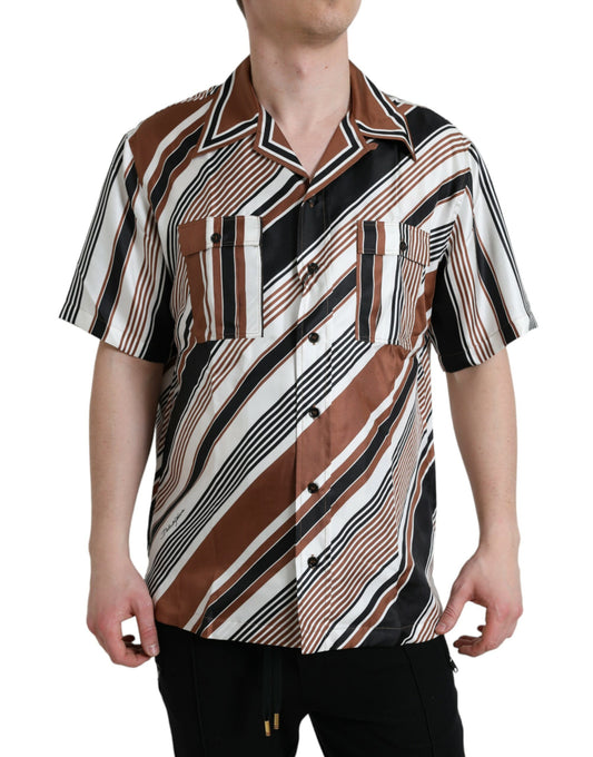 Dolce & Gabbana Brown White Silk Striped Short Sleeve Shirt