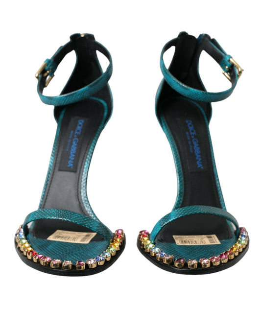 Dolce & Gabbana Blue Exotic Leather Crystal Sandals Shoes