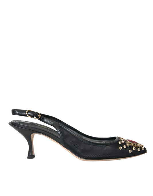 Dolce & Gabbana Black Mesh Embellished Heel Slingbacks Shoes
