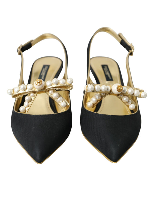 Dolce & Gabbana Black Leather Faux Pearls Slingbacks Shoes