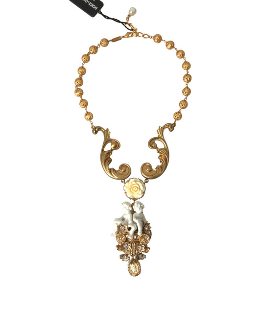 Dolce & Gabbana Gold Brass Angel Floral Beaded Embellished Necklace
