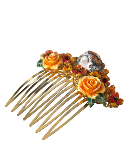 Dolce & Gabbana Gold Brass Crystal Leopard Floral Hair Comb