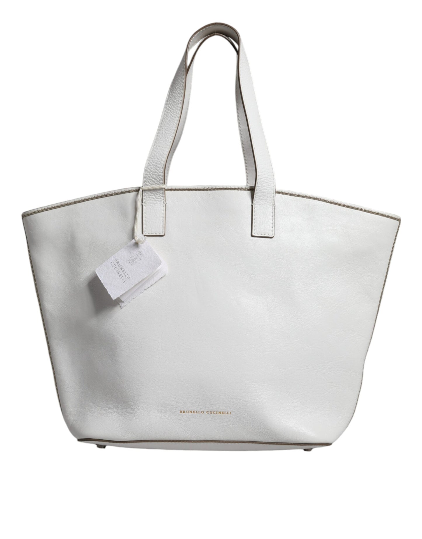 Brunello Cucinelli White Leather Logo Shoulder Strap Shopping Tote Bag