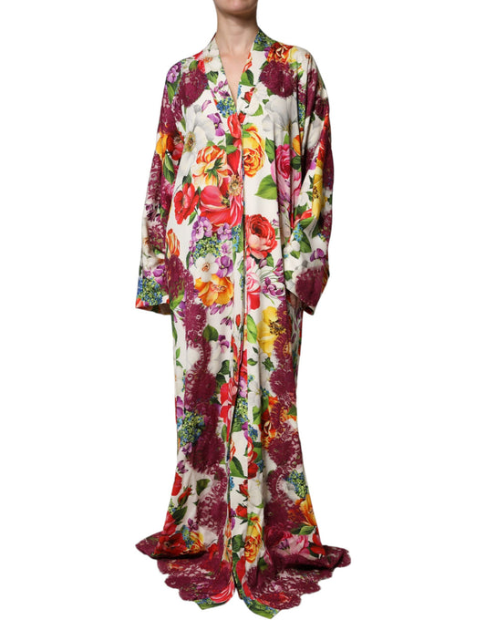 Dolce & Gabbana Multicolor Floral Lace Silk Abaya Long Sleeves Dress