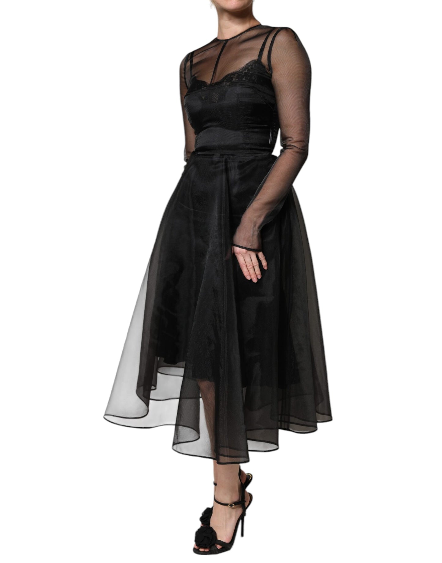 Dolce & Gabbana Black Tulle A-line Midi Cocktail Gown Dress