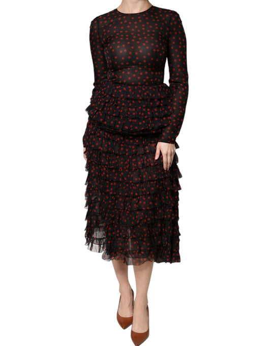 Dolce & Gabbana Black Red Polka Dot Silk Layered Midi Dress