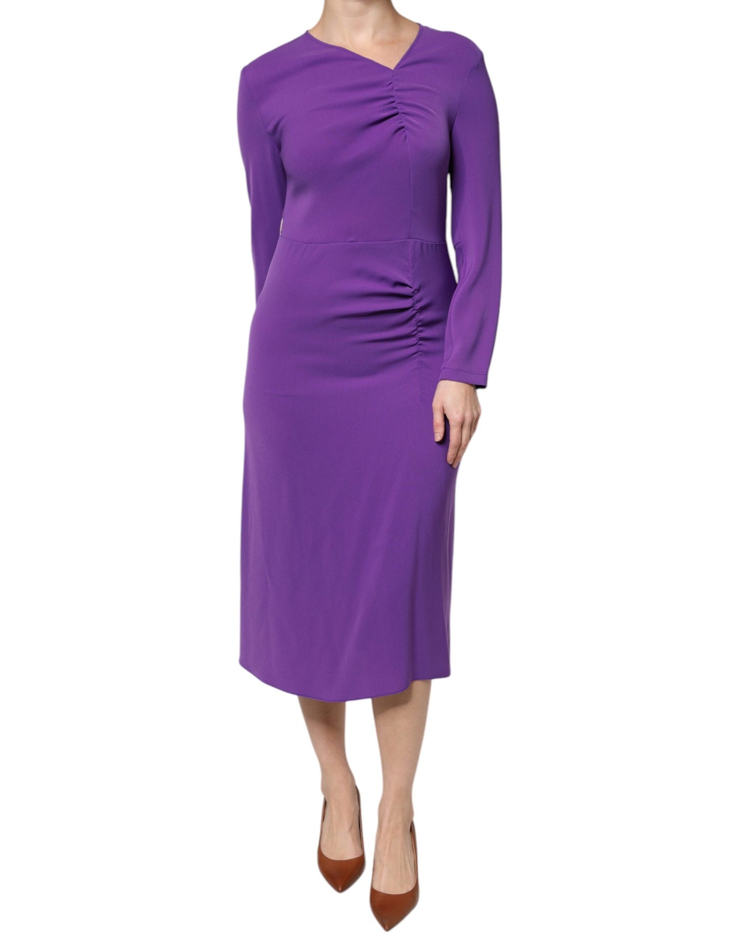 Max Mara Studio Purple Long Sleeves V-neck Sheath Midi Dress