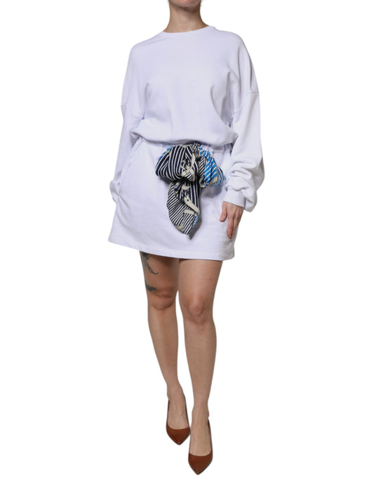 MSGM White Cotton Belted Long Sleeves Crew Neck Mini Dress