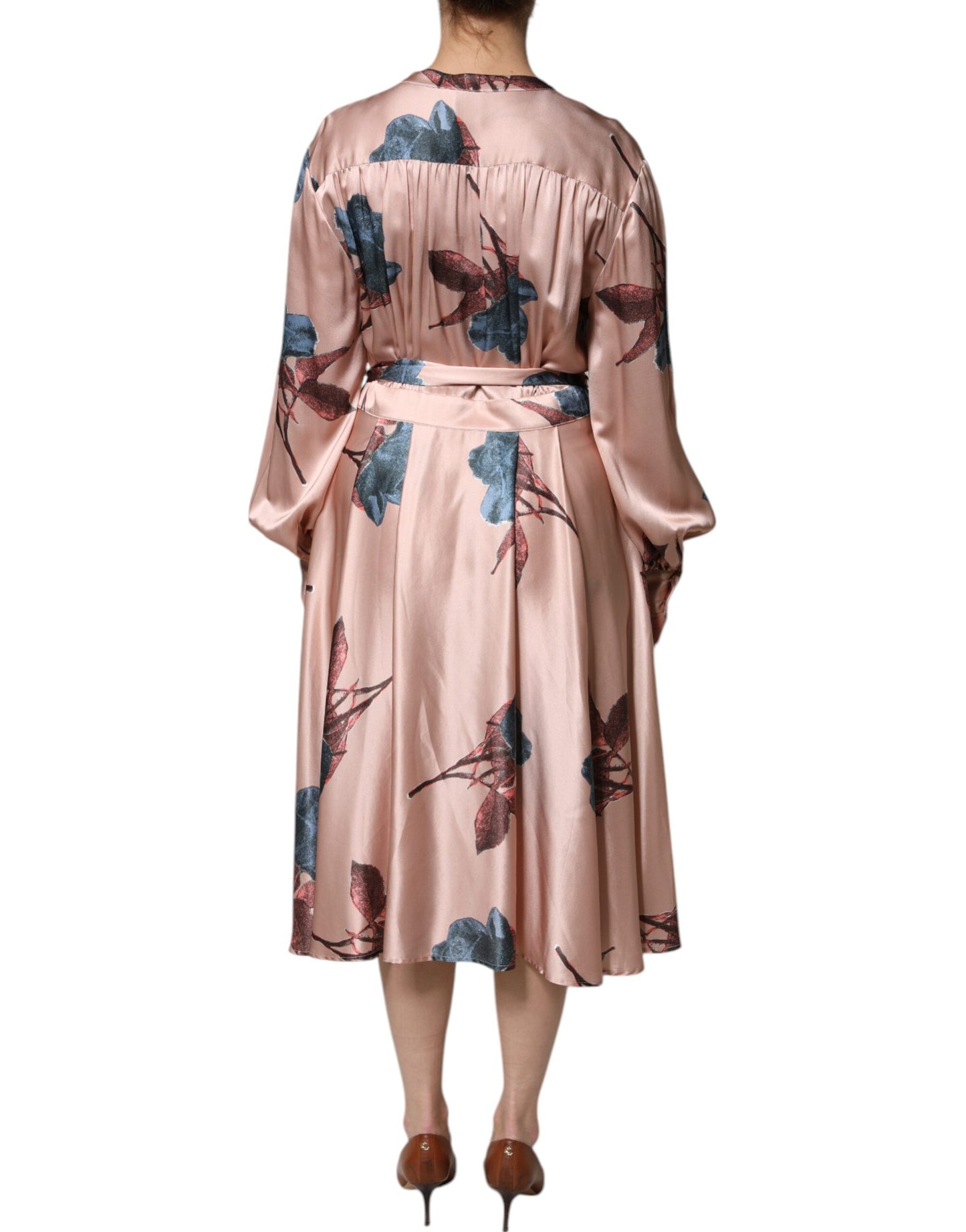 L'Autre Chose Pink Satin Floral Long Sleeves A-line Midi Dress