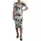 Dolce & Gabbana White Roses Print Stretch Silk Pleated Dress