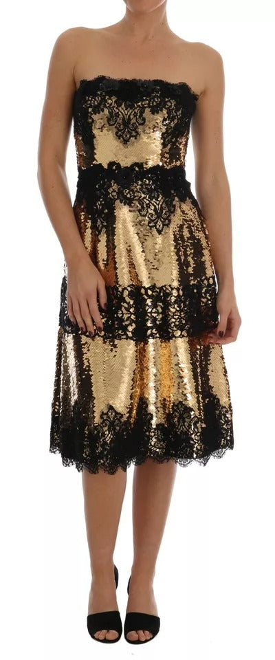 Dolce & Gabbana Gold Strapless Sequin Embellished Lace Dress