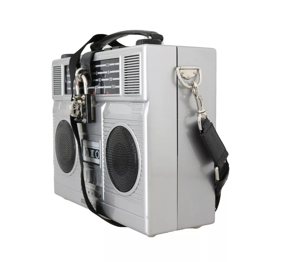 Dolce & Gabbana Silver Retro Radio Boombox Limited Edition Handmade Wood Bag