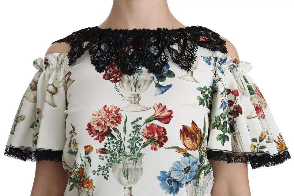 Dolce & Gabbana White Lace Floral Vase Shift Mini Dress