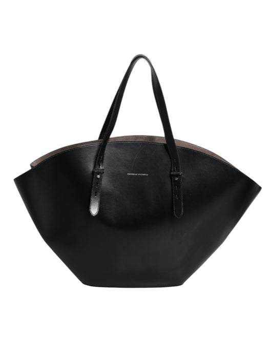 Brunello Cucinelli Black Leather Logo Shoulder Strap Shopping Tote Bag Womens Tote Bag