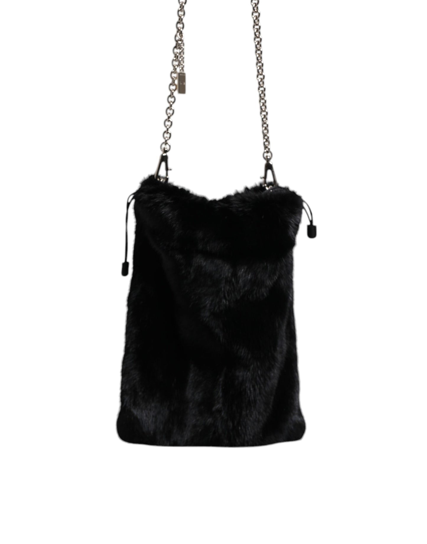 Dolce & Gabbana Black Faux Fur Silver Chain Crossbody Shoulder Purse Bag