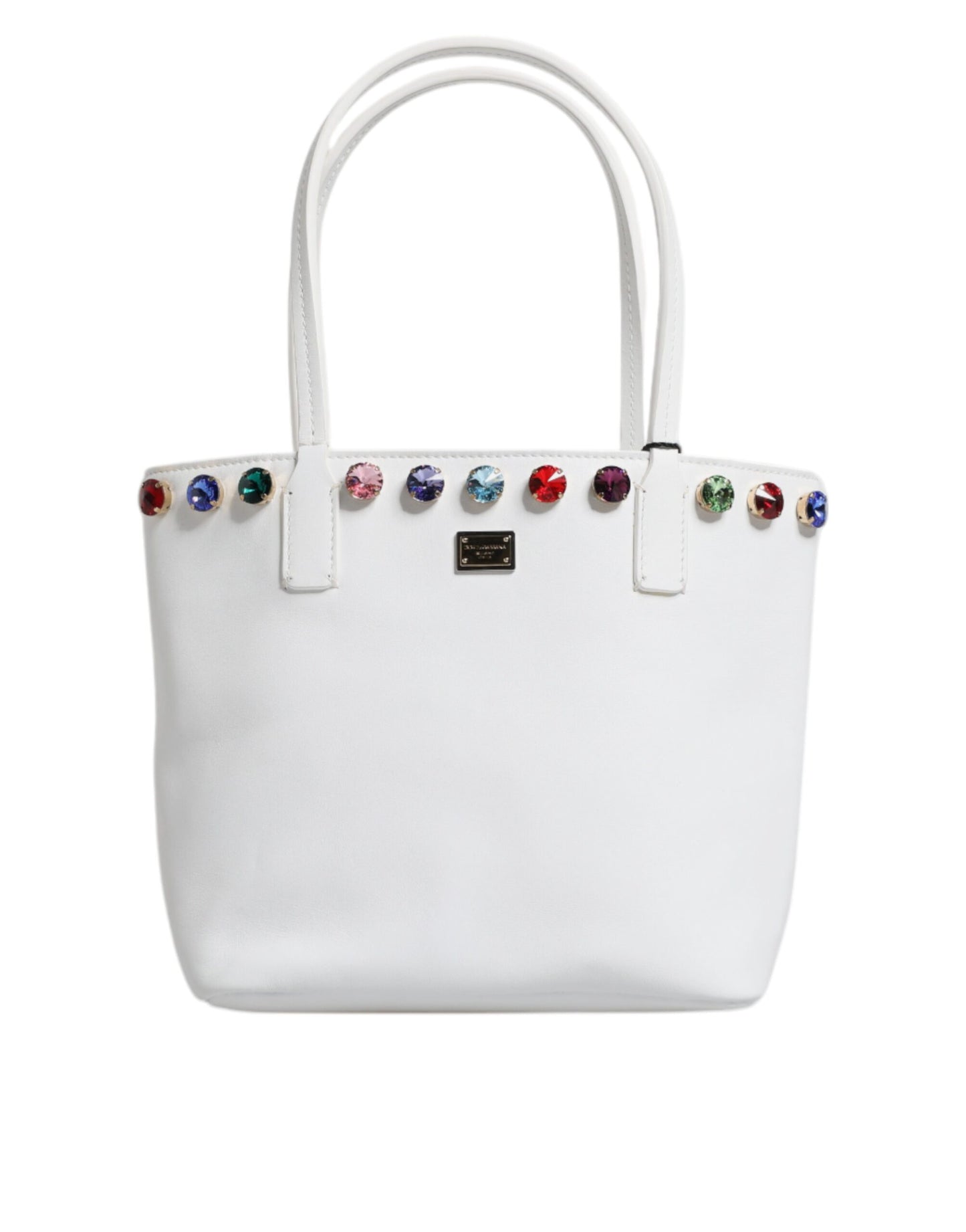 Dolce & Gabbana White Leather Crystal DG Logo Shoulder Tote Bag