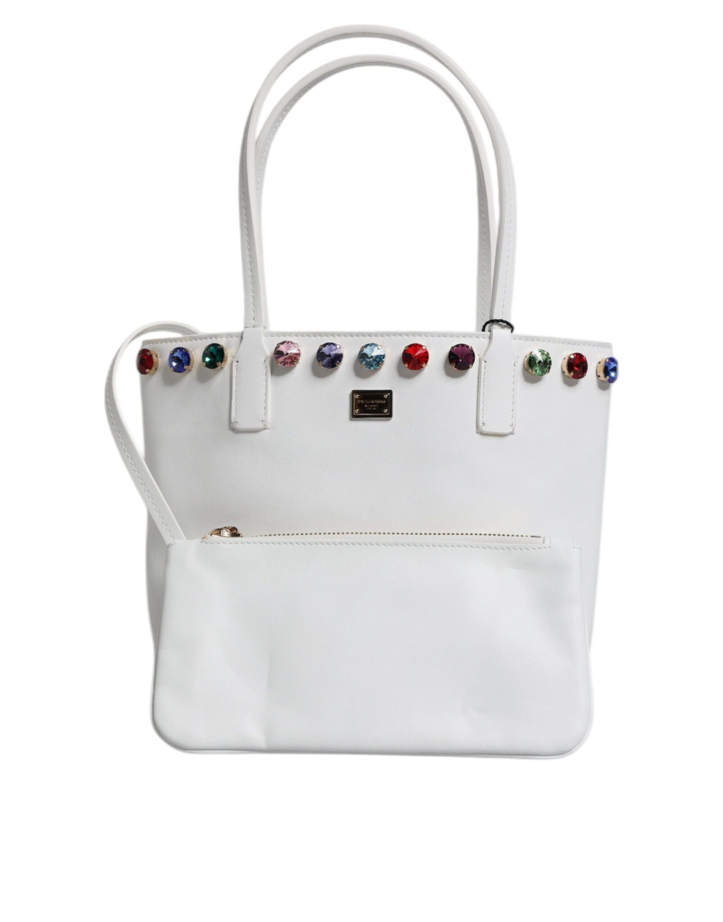 Dolce & Gabbana White Leather Crystal DG Logo Shoulder Tote Bag