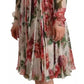 Dolce & Gabbana White Floral Silk Long Sleeves Pleated Dress