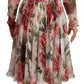 Dolce & Gabbana White Floral Silk Long Sleeves Pleated Dress