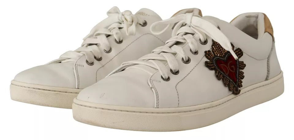 Dolce & Gabbana White Leather Heart Low Top Casual Sneakers Shoes