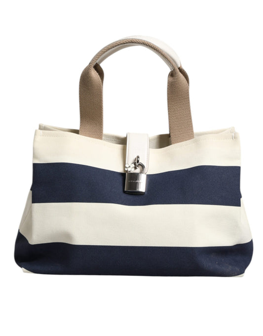 Dolce & Gabbana White Navy Striped Canvas Top Handle Tote Tote Bag