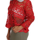 Dolce & Gabbana Red Cardigan Crochet Knit Raffia Sweater