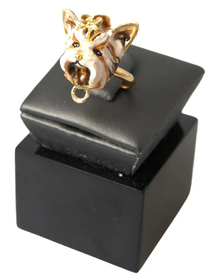 Dolce & Gabbana Gold Brass Resin Beige Dog Pet Accessory Ring
