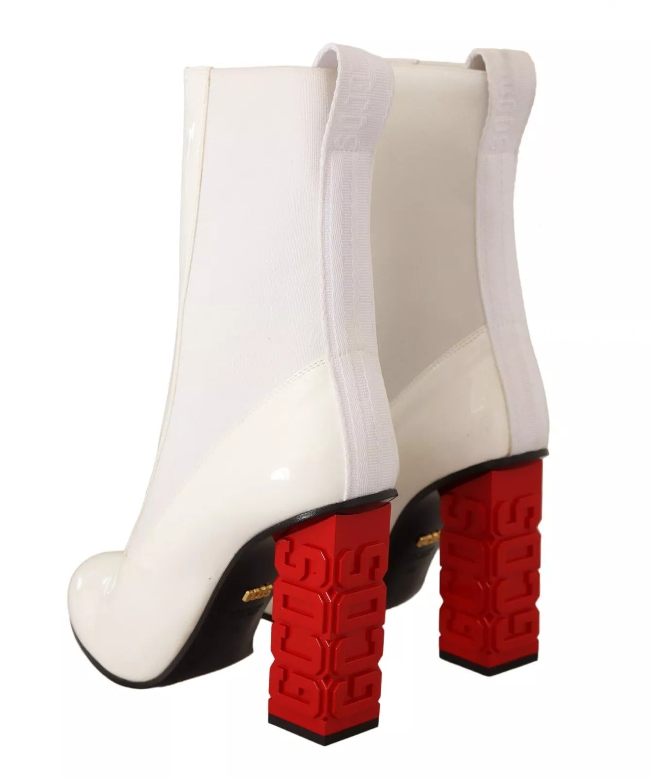 GCDS White Leather Fabric Red Logo Heel Ankle Boots Shoes