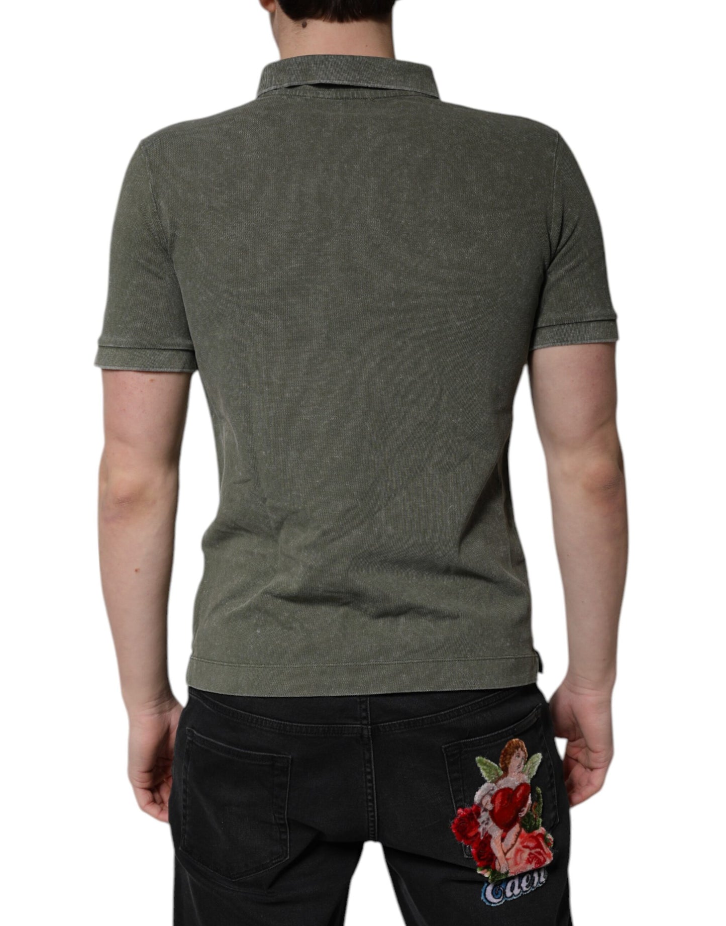 Dolce & Gabbana Army Green Logo Plaque Cotton Polo Shirt T-shirt