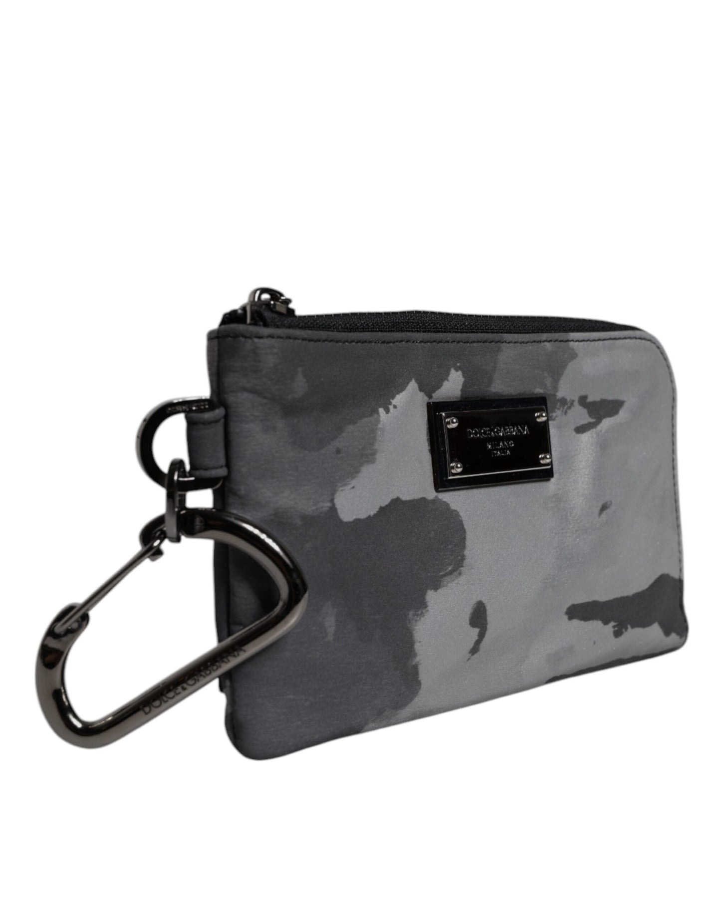 Dolce & Gabbana Black Gray Camouflage Logo Plaque Keyring Pouch Bag