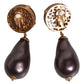 Dolce & Gabbana Gold Brass Black Pearl Clip On Dangling Jewelry Earrings