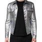 Dolce & Gabbana Silver Cotton Button Down Denim Biker Jacket