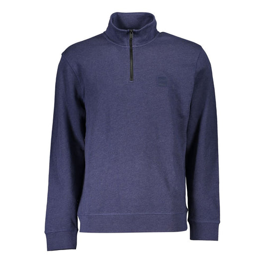 Hugo Boss Blue Cotton Men Sweater with Half Zip Closure Mens Sweater