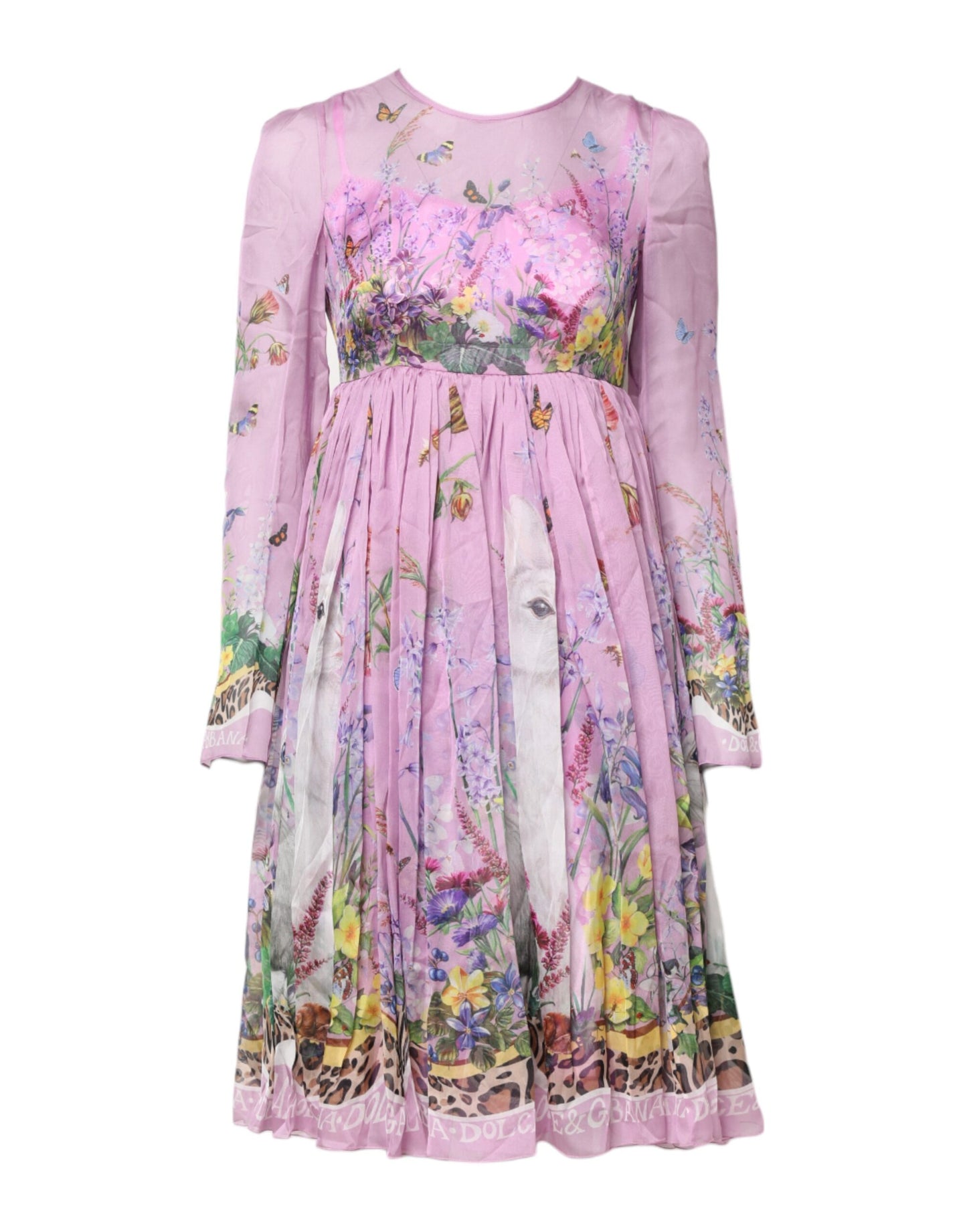 Dolce & Gabbana Pink Floral Long Sleeves A-line Midi Dress
