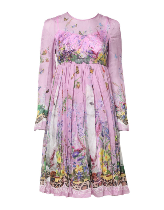 Dolce & Gabbana Pink Floral Long Sleeves A-line Midi Dress