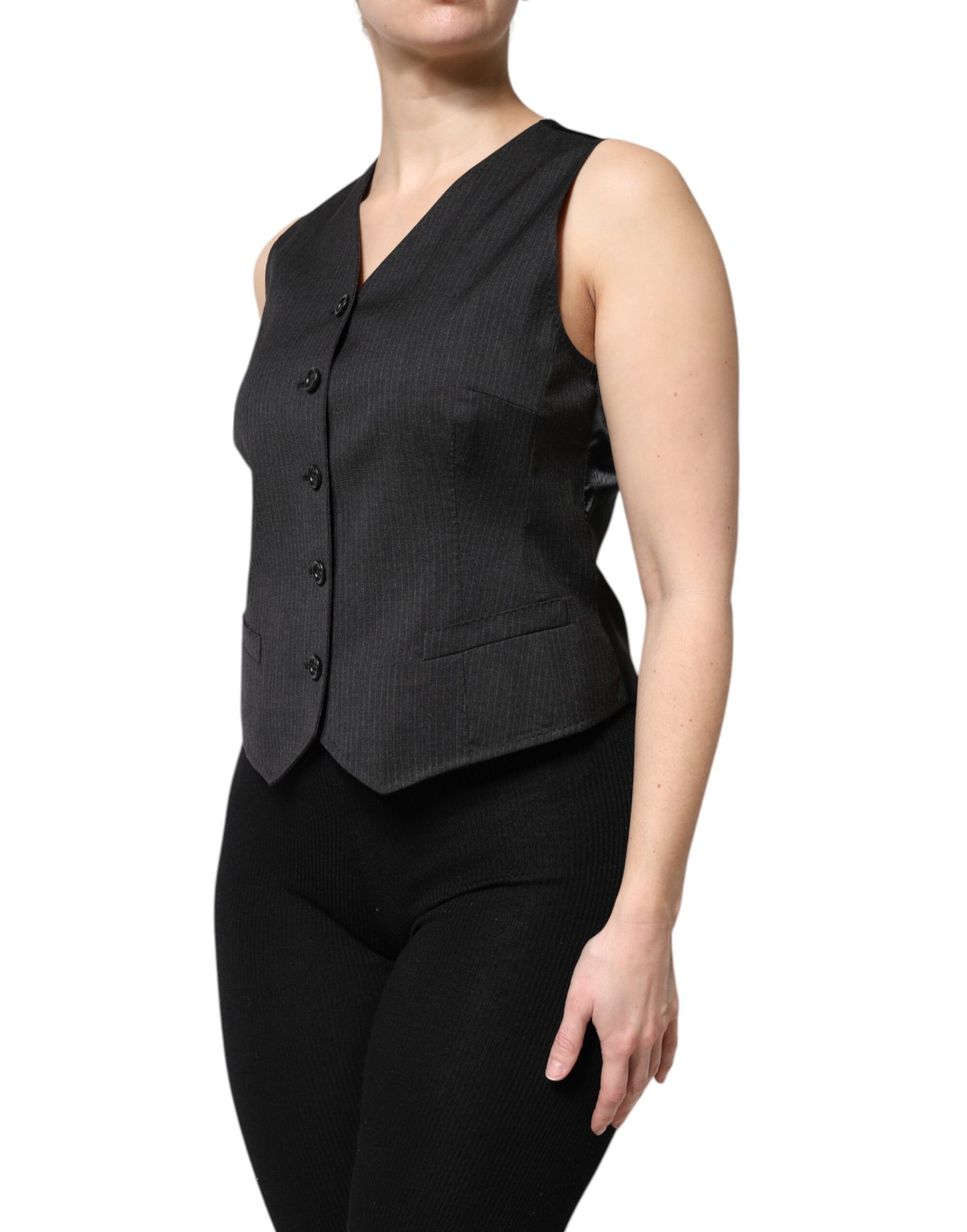 Dolce & Gabbana Black Striped Button Down Sleeveless Vest Top