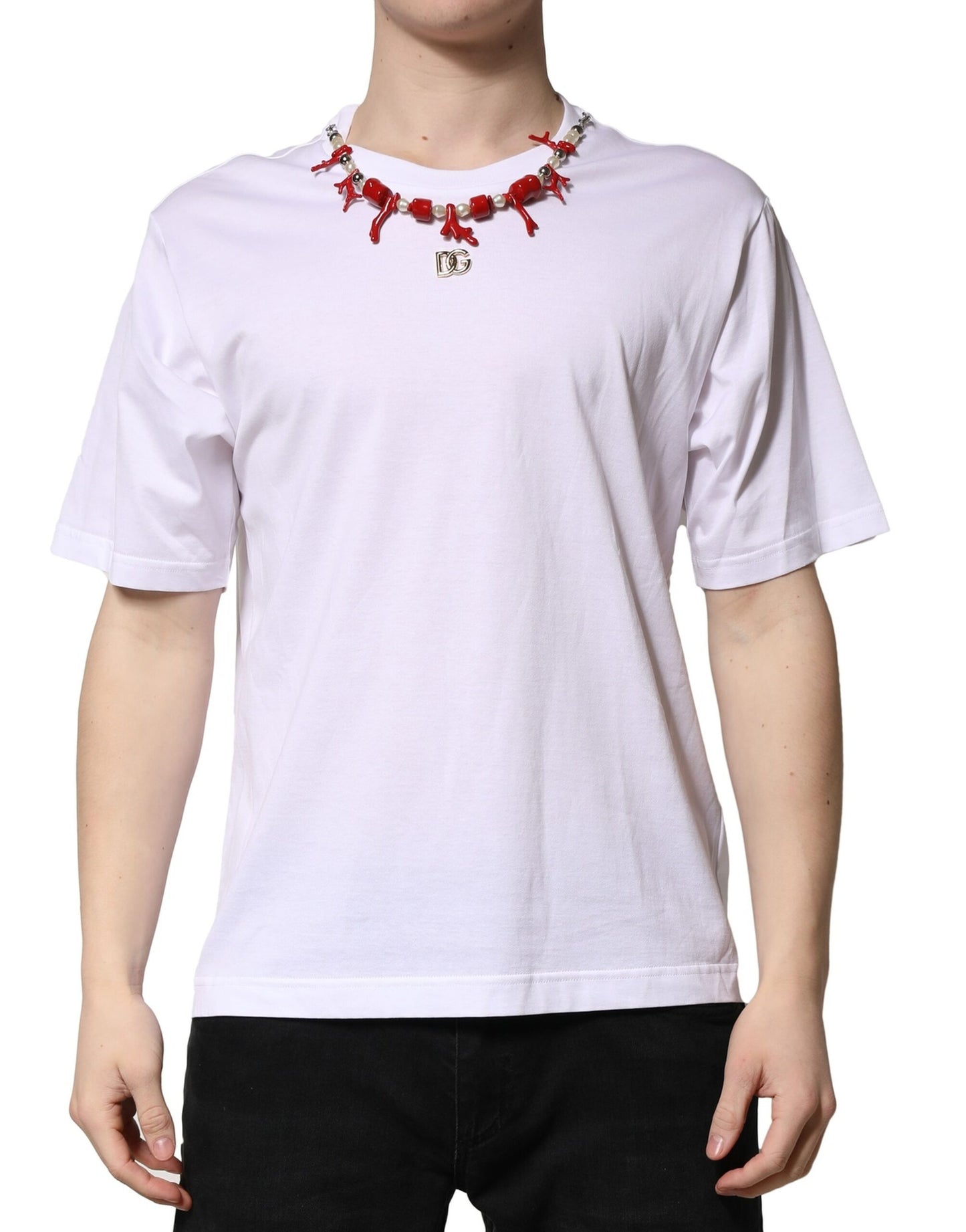 Dolce & Gabbana White Embellished Cotton Crew Neck T-shirt Mens T-Shirt