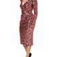 Dolce & Gabbana Pink Sequin Statement Nylon Midi V-Neck Dress